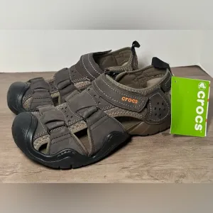Crocs Swiftwater Fisherman Men's Brown Leather Sandals M8 W 10 Unisex NWT.