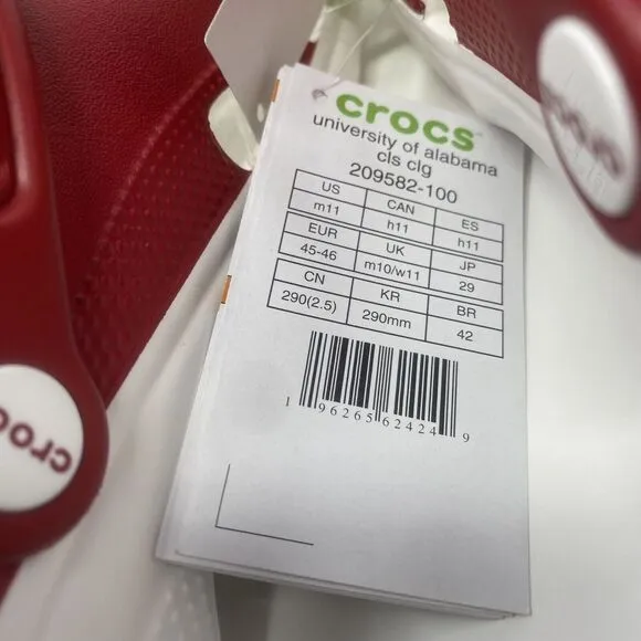 Crocs University of Alabama Crimson Tide Classic Clogs Red White Bama Mens Sz 11