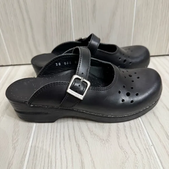 Dansko Black Leather Mary Jane Slip On Buckle Mule Clog Comfort Work Nursing 38