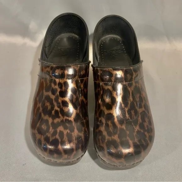 Dansko Leather Slip On Clogs Nursing Shoes Leopard Print Brown Black Size 40/9