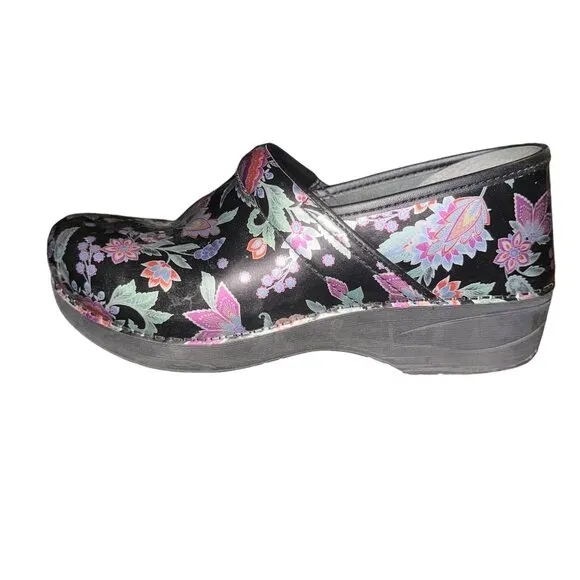 Dansko XP 20 Paisley Floral Clogs Womens 40 9.5 10 Black Multicolor Nursing Work