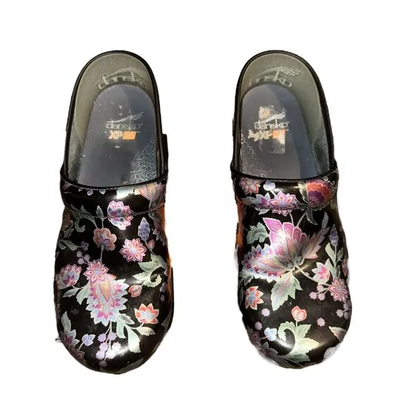 Dansko XP 20 Paisley Floral Clogs Womens 40 9.5 10 Black Multicolor Nursing Work