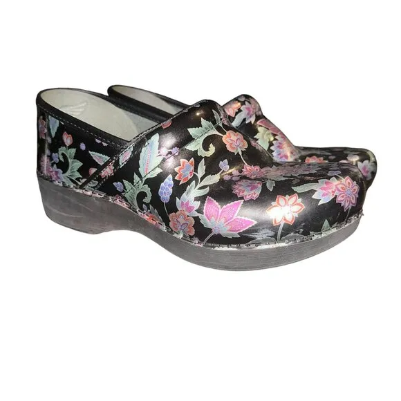 Dansko XP 20 Paisley Floral Clogs Womens 40 9.5 10 Black Multicolor Nursing Work