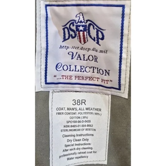 DSCP Valor Collection Liner All-Weather Military Trench Coat Olive USA Men's 38R