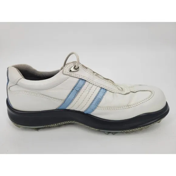 Ecco 7.5 Ladies Golf Shoes Spiked Cleats Athletic White Blue Laceup Sneakers