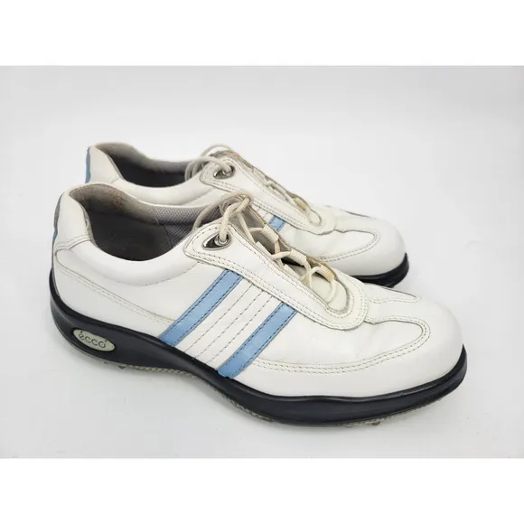 Ecco 7.5 Ladies Golf Shoes Spiked Cleats Athletic White Blue Laceup Sneakers