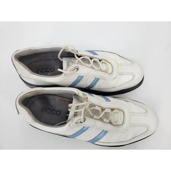 Ecco 7.5 Ladies Golf Shoes Spiked Cleats Athletic White Blue Laceup Sneakers