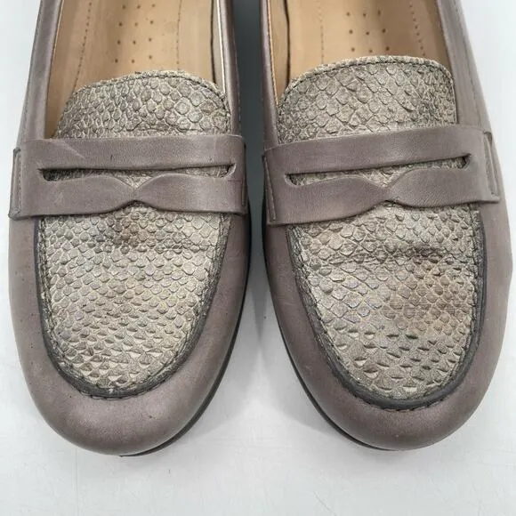 ECCO Shoes Size 41 / 10-10.5 Penny Loafer Snakeskin Taupe Heeled Wedge Comfort