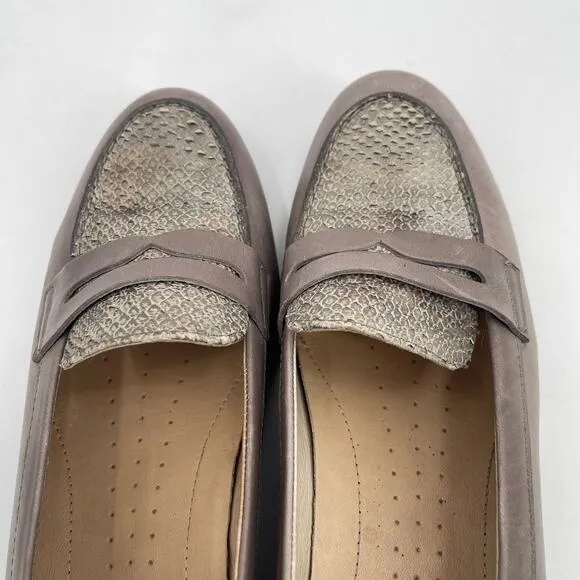 ECCO Shoes Size 41 / 10-10.5 Penny Loafer Snakeskin Taupe Heeled Wedge Comfort