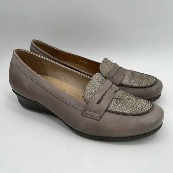 ECCO Shoes Size 41 / 10-10.5 Penny Loafer Snakeskin Taupe Heeled Wedge Comfort