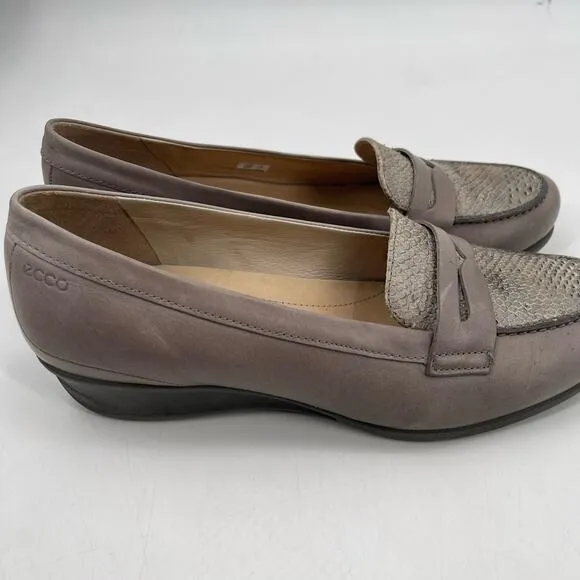 ECCO Shoes Size 41 / 10-10.5 Penny Loafer Snakeskin Taupe Heeled Wedge Comfort