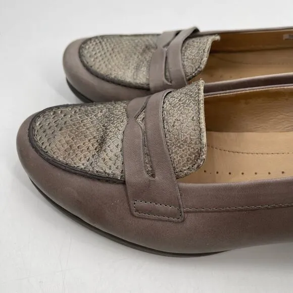 ECCO Shoes Size 41 / 10-10.5 Penny Loafer Snakeskin Taupe Heeled Wedge Comfort