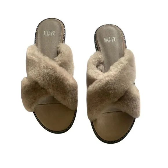 Eileen Fisher Taupe Shearling Crossover Sandals Cozy Slip-On Cross2-LT Size 8.5