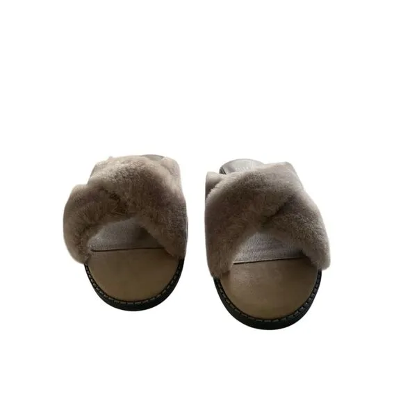 Eileen Fisher Taupe Shearling Crossover Sandals Cozy Slip-On Cross2-LT Size 8.5