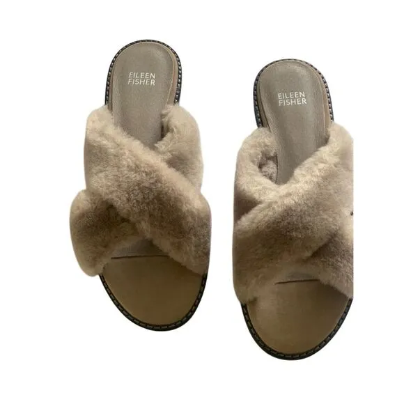 Eileen Fisher Taupe Shearling Crossover Sandals Cozy Slip-On Cross2-LT Size 8.5