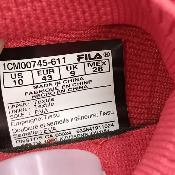 FILA SOCK HI-CUT Red Sneakers Men's Shoes Size 10