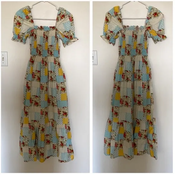 Floral Puff Sleeve Patchwork Nap Style Dress XS to S NWOT