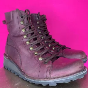 Fly London Burgundy Leather Lace-Up Wedge Heel Hiker Boot Sz 11.5