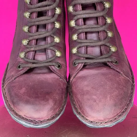 Fly London Burgundy Leather Lace-Up Wedge Heel Hiker Boot Sz 11.5