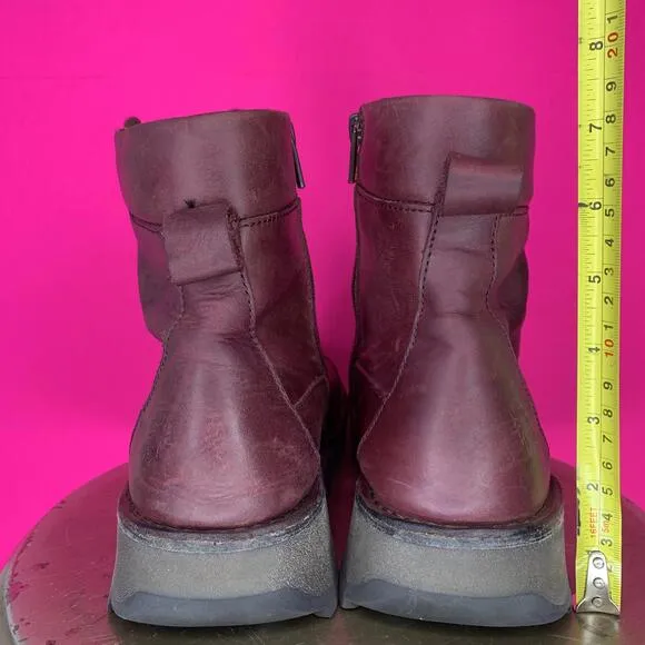 Fly London Burgundy Leather Lace-Up Wedge Heel Hiker Boot Sz 11.5