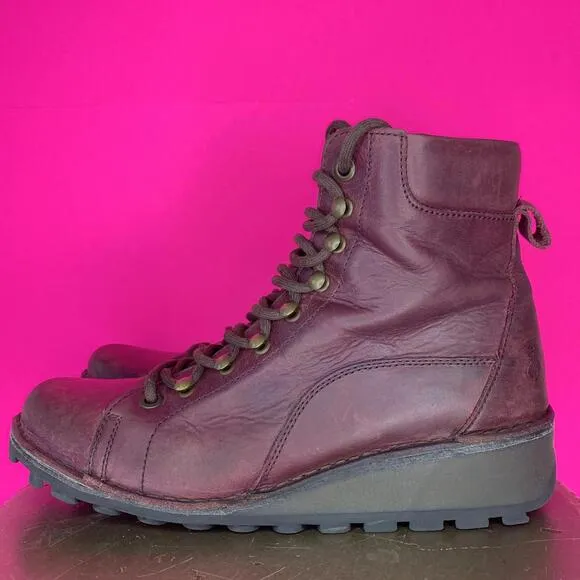 Fly London Burgundy Leather Lace-Up Wedge Heel Hiker Boot Sz 11.5