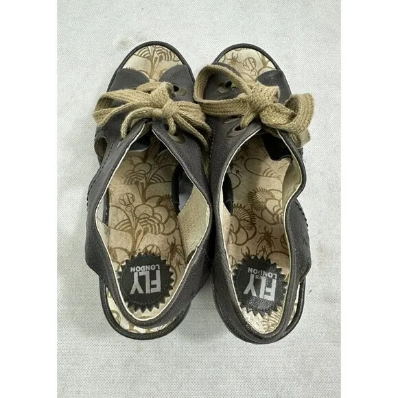 Fly London Ylva Indigo Leather Lace Up Wedge Sandals Womens 40 9-9.5 Read