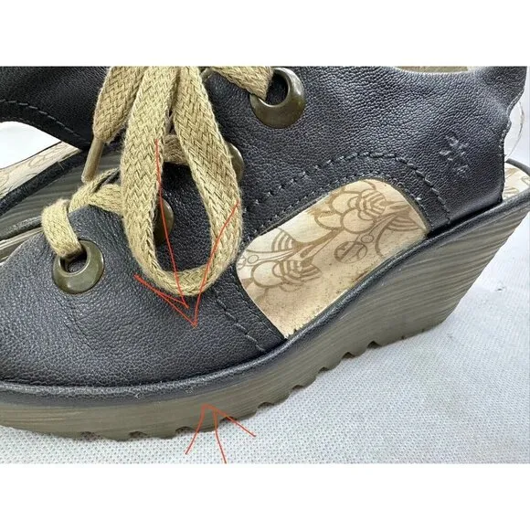 Fly London Ylva Indigo Leather Lace Up Wedge Sandals Womens 40 9-9.5 Read