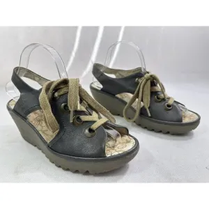 Fly London Ylva Indigo Leather Lace Up Wedge Sandals Womens 40 9-9.5 Read