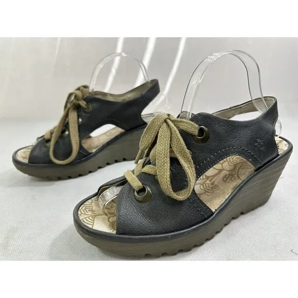 Fly London Ylva Indigo Leather Lace Up Wedge Sandals Womens 40 9-9.5 Read