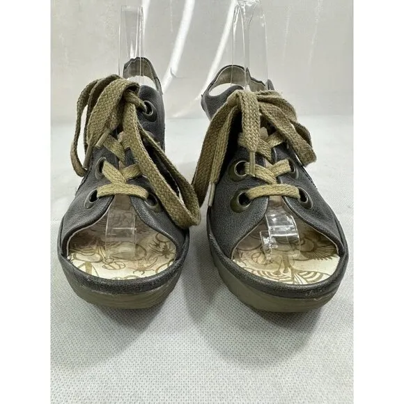 Fly London Ylva Indigo Leather Lace Up Wedge Sandals Womens 40 9-9.5 Read