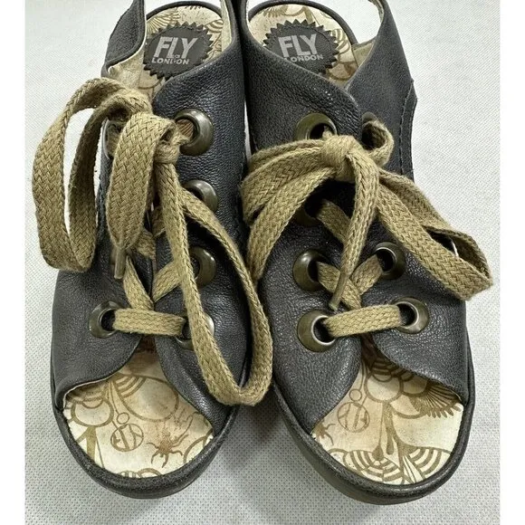 Fly London Ylva Indigo Leather Lace Up Wedge Sandals Womens 40 9-9.5 Read