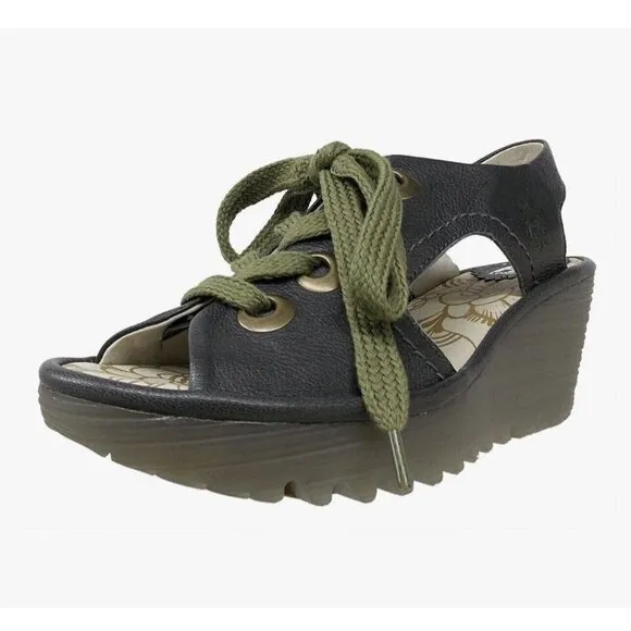 Fly London Ylva Indigo Leather Lace Up Wedge Sandals Womens 40 9-9.5 Read