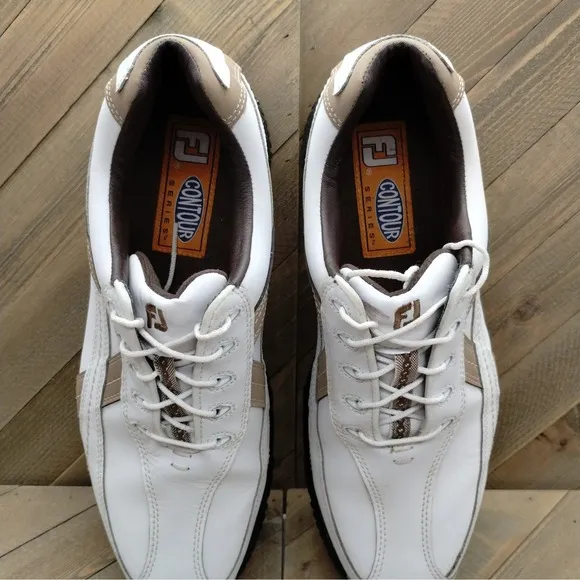 Footjoy Contour Series Golf Shoes Mens Size 10.5 M White Tan Outdoor Golf Cleats