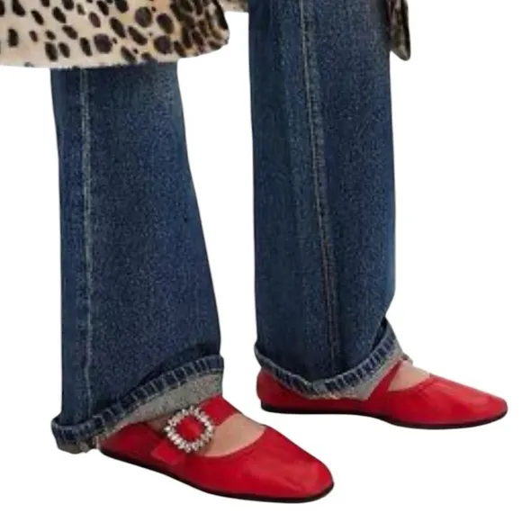 FREE PEOPLE Ursa Gemini Red Leather Ballet Flat with Ornate Buckle  Size: 7