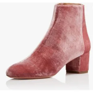 FSJ Pink Round Toe Velvet Ankle Boots Block Heel Side Zipper Shoes for Comfort