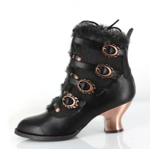 Hades NEPHELE Steampunk Black Vegan Ankle Boots Lace Flame Buckle Tweed Fur