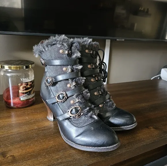 Hades NEPHELE Steampunk Black Vegan Ankle Boots Lace Flame Buckle Tweed Fur