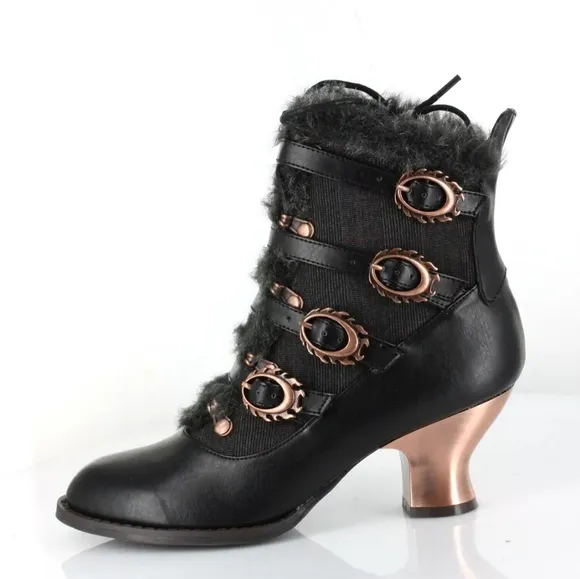 Hades NEPHELE Steampunk Black Vegan Ankle Boots Lace Flame Buckle Tweed Fur