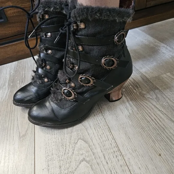 Hades NEPHELE Steampunk Black Vegan Ankle Boots Lace Flame Buckle Tweed Fur