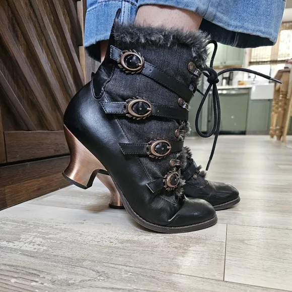 Hades NEPHELE Steampunk Black Vegan Ankle Boots Lace Flame Buckle Tweed Fur