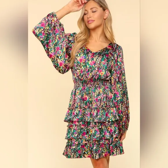 Haptics V-Neck Satin Floral Layered Dress