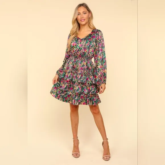 Haptics V-Neck Satin Floral Layered Dress