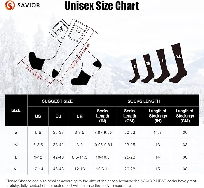 Heated Socks for Men Women, SAVIOR HEAT Electric Rechargeable Battery Thick Long Ski Socks for Winter Cold Weather Hunting Hiking Camping Skating Motorcycle Cycling Fishing