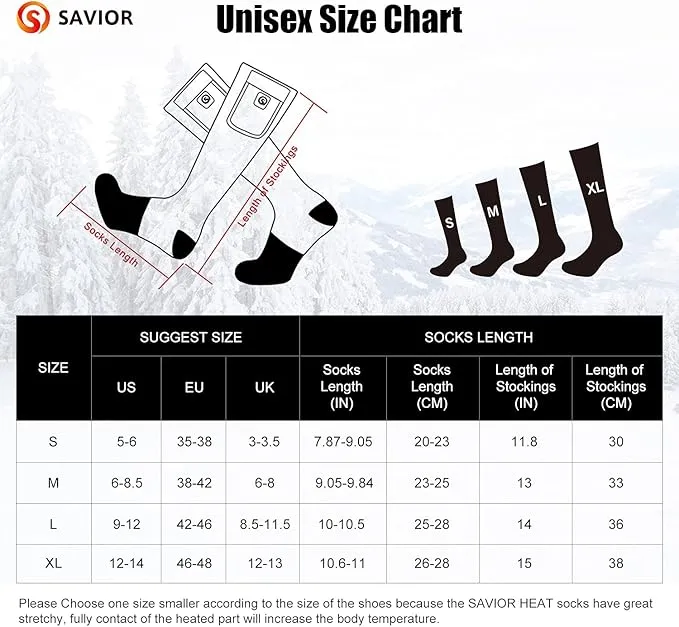 Heated Socks for Men Women, SAVIOR HEAT Electric Rechargeable Battery Thick Long Ski Socks for Winter Cold Weather Hunting Hiking Camping Skating Motorcycle Cycling Fishing