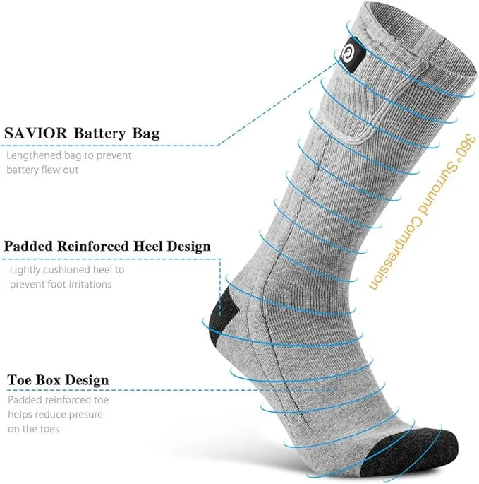 Heated Socks for Men Women, SAVIOR HEAT Electric Rechargeable Battery Thick Long Ski Socks for Winter Cold Weather Hunting Hiking Camping Skating Motorcycle Cycling Fishing