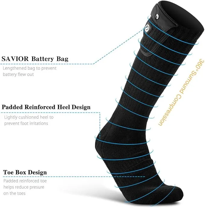 Heated Socks for Men Women, SAVIOR HEAT Electric Rechargeable Battery Thick Long Ski Socks for Winter Cold Weather Hunting Hiking Camping Skating Motorcycle Cycling Fishing