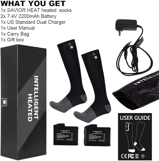 Heated Socks for Men Women, SAVIOR HEAT Electric Rechargeable Battery Thick Long Ski Socks for Winter Cold Weather Hunting Hiking Camping Skating Motorcycle Cycling Fishing