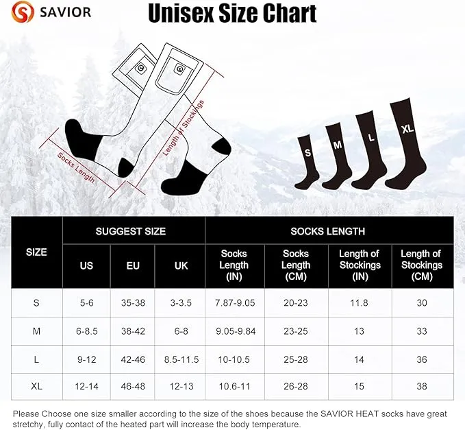 Heated Socks for Men Women, SAVIOR HEAT Electric Rechargeable Battery Thick Long Ski Socks for Winter Cold Weather Hunting Hiking Camping Skating Motorcycle Cycling Fishing