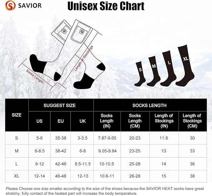 Heated Socks for Men Women, SAVIOR HEAT Electric Rechargeable Battery Thick Long Ski Socks for Winter Cold Weather Hunting Hiking Camping Skating Motorcycle Cycling Fishing