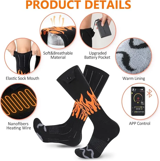 Heated Socks, Rechargeable Heated Socks for Men Women, Battery Powered Foot Warmer with APP Control for Winter Hunting Skiing Camping Hiking